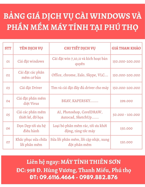 Bảng giá tham khảo dịch vụ cài đặt windows tại phú thọ
